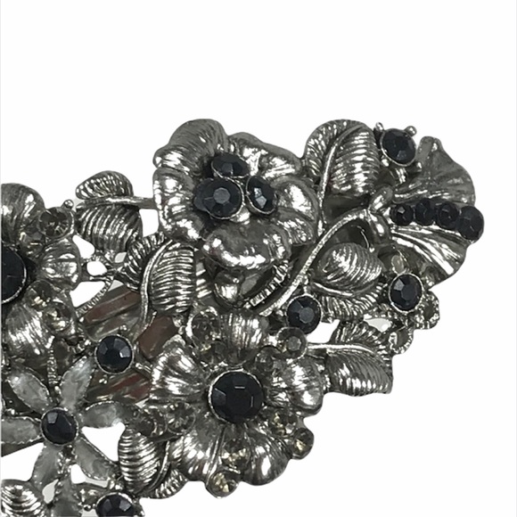 Rhinestones Flowers Hair Clip, Silver Tone and Black - Picture 3 of 5